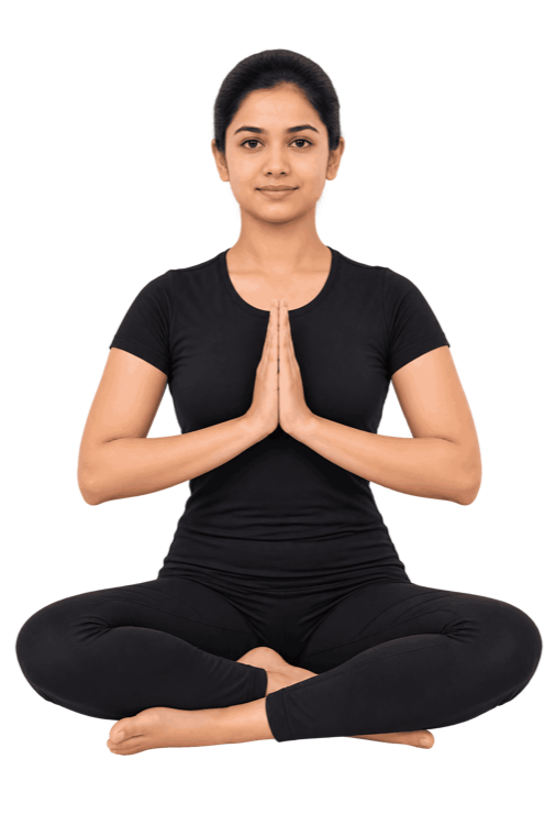 A woman seated calmly in a yoga posture